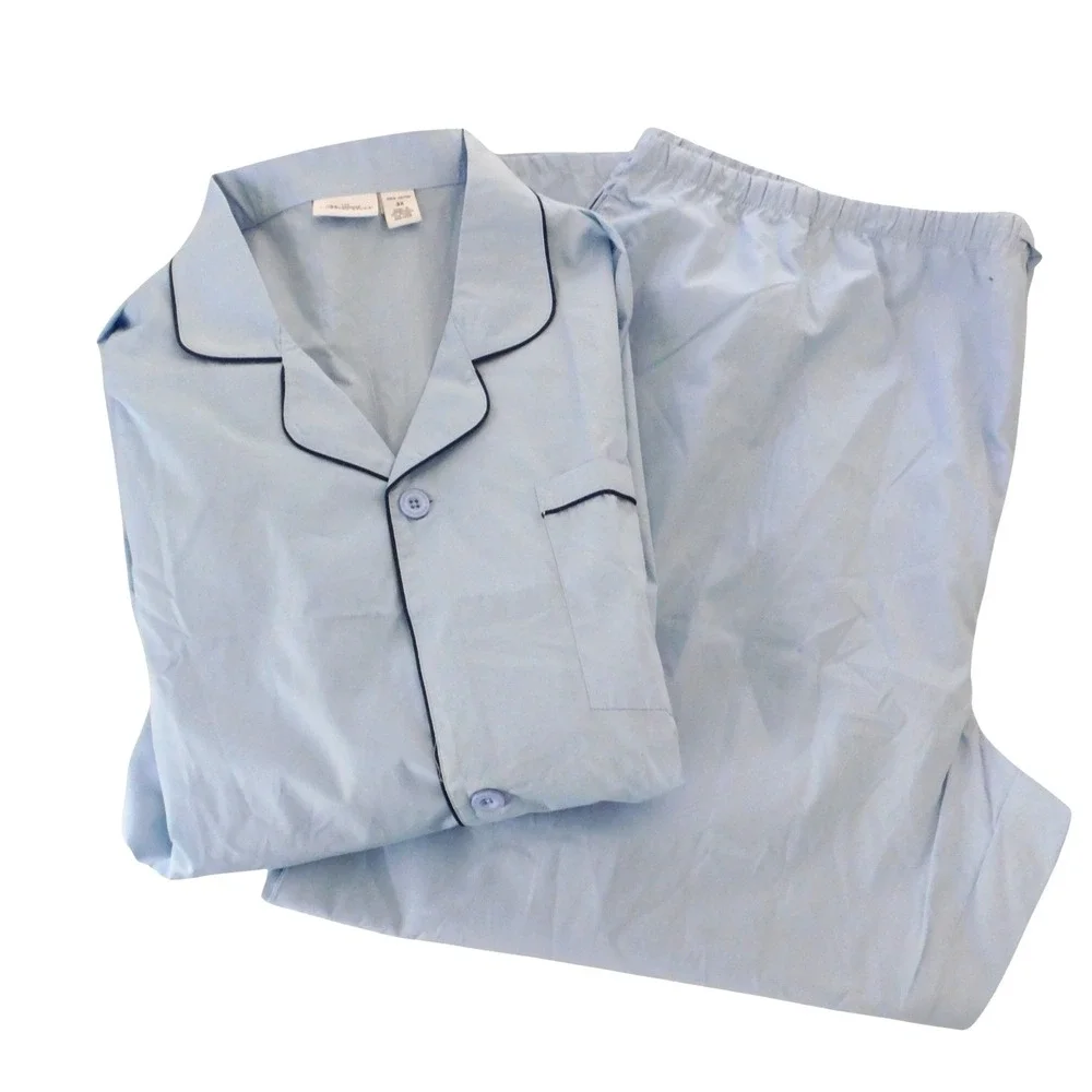 NEW Mens Cotton Pajamas Long Sleeve 2 Pc Button Front Blue Size 3X